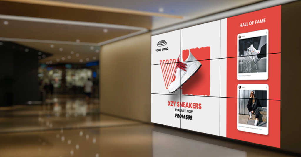 Mall digital display advertising white sneakers.