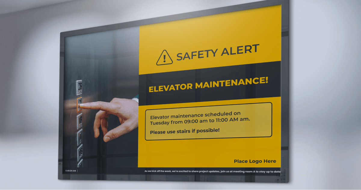 A screen showing an emergency alert for elevator maintenance