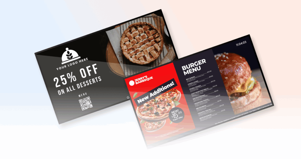 Two signage screens displaying food menus