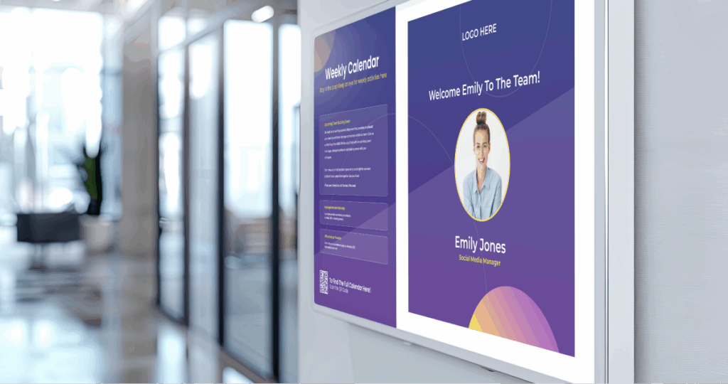 Digital signage screen displaying a weekly calendar and a welcome message for a new team member
