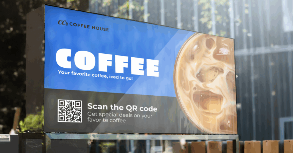 An outdoor digital signage screen showing coffee
